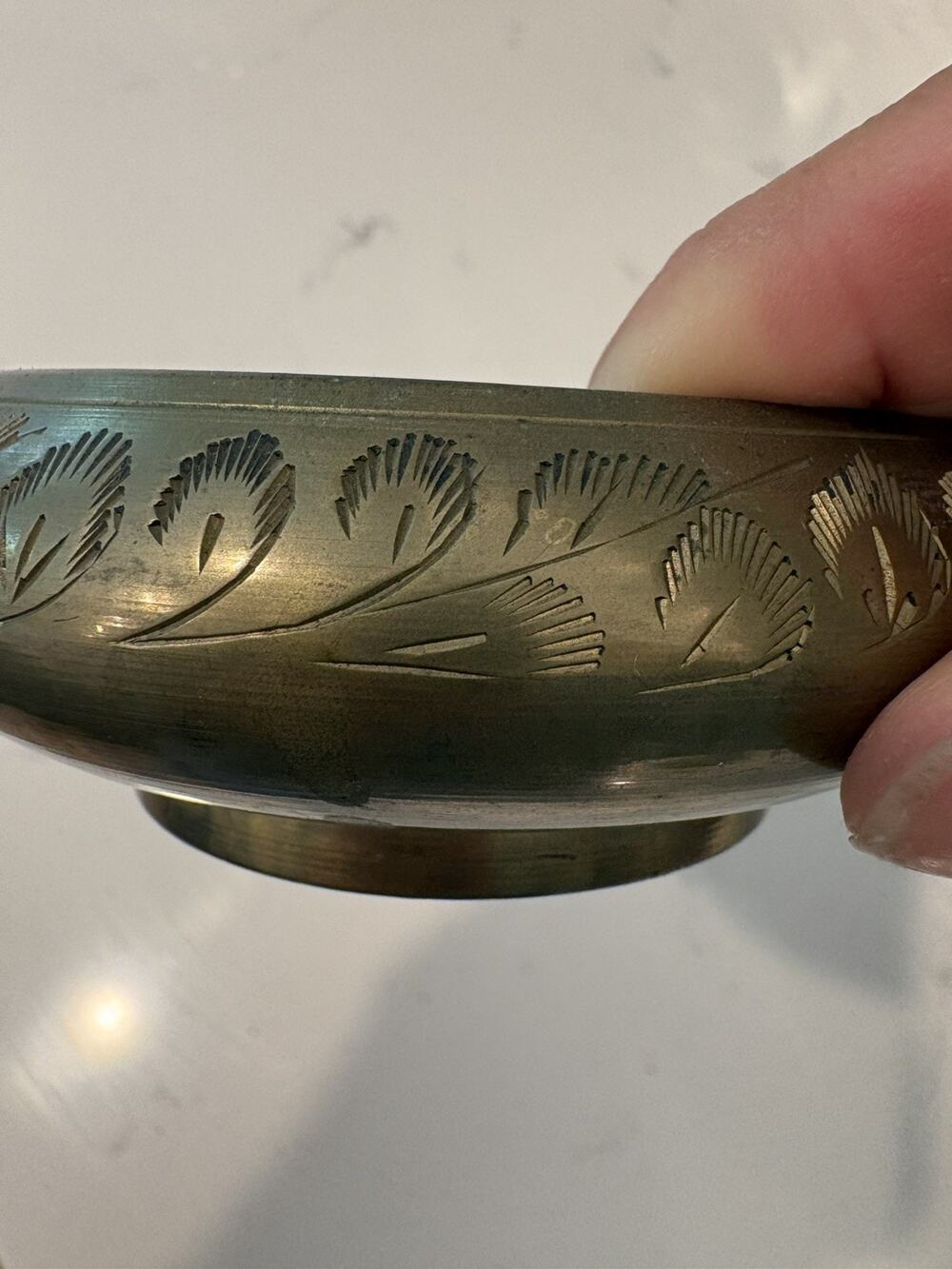 Vintage India Brass Footed Bowl Etched Leaf Design Pedestal Planter Trinket Dish